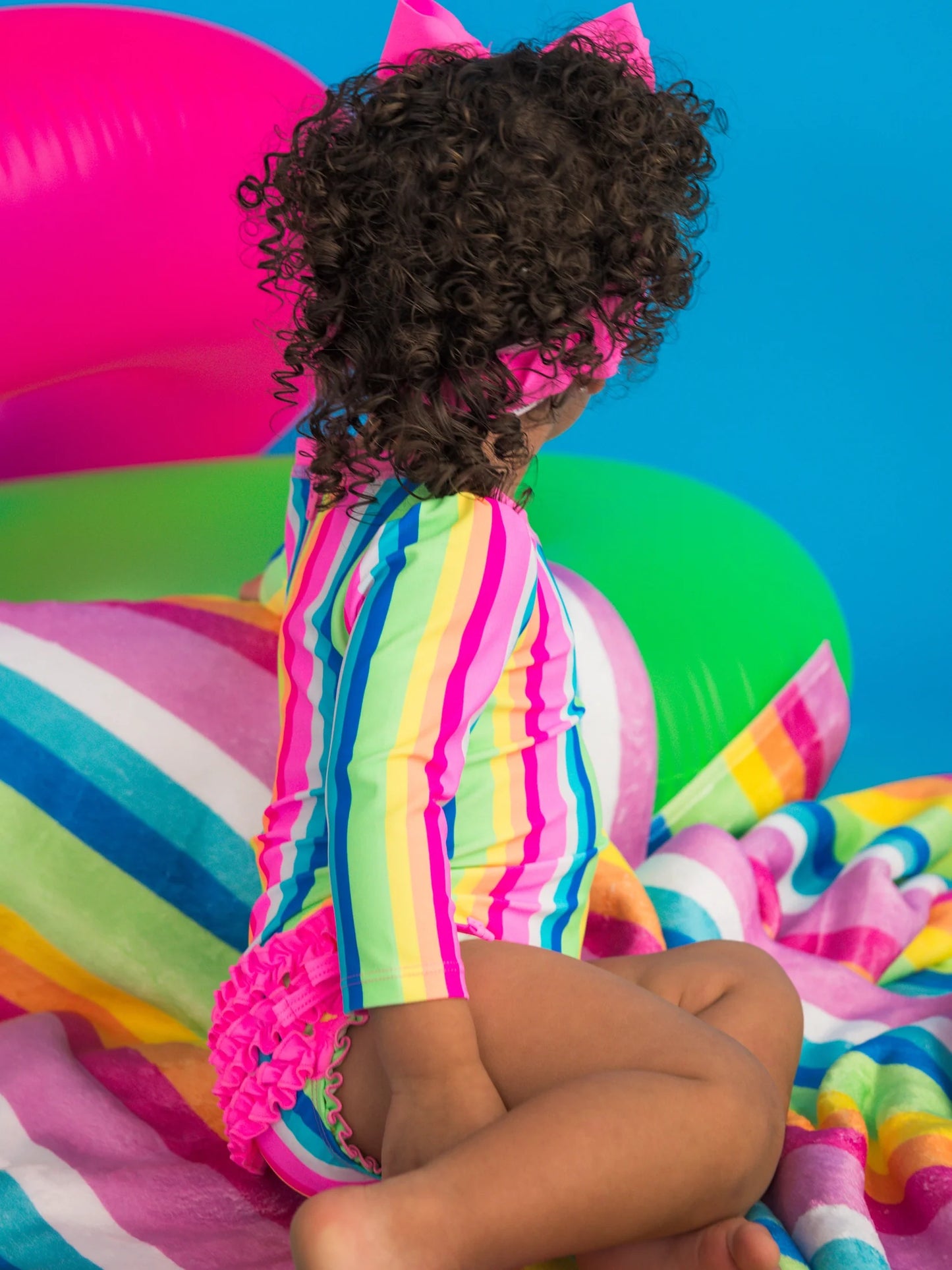 Neon Rainbow Stripe Long Sleeve One Piece Rash Guard Swimsuit