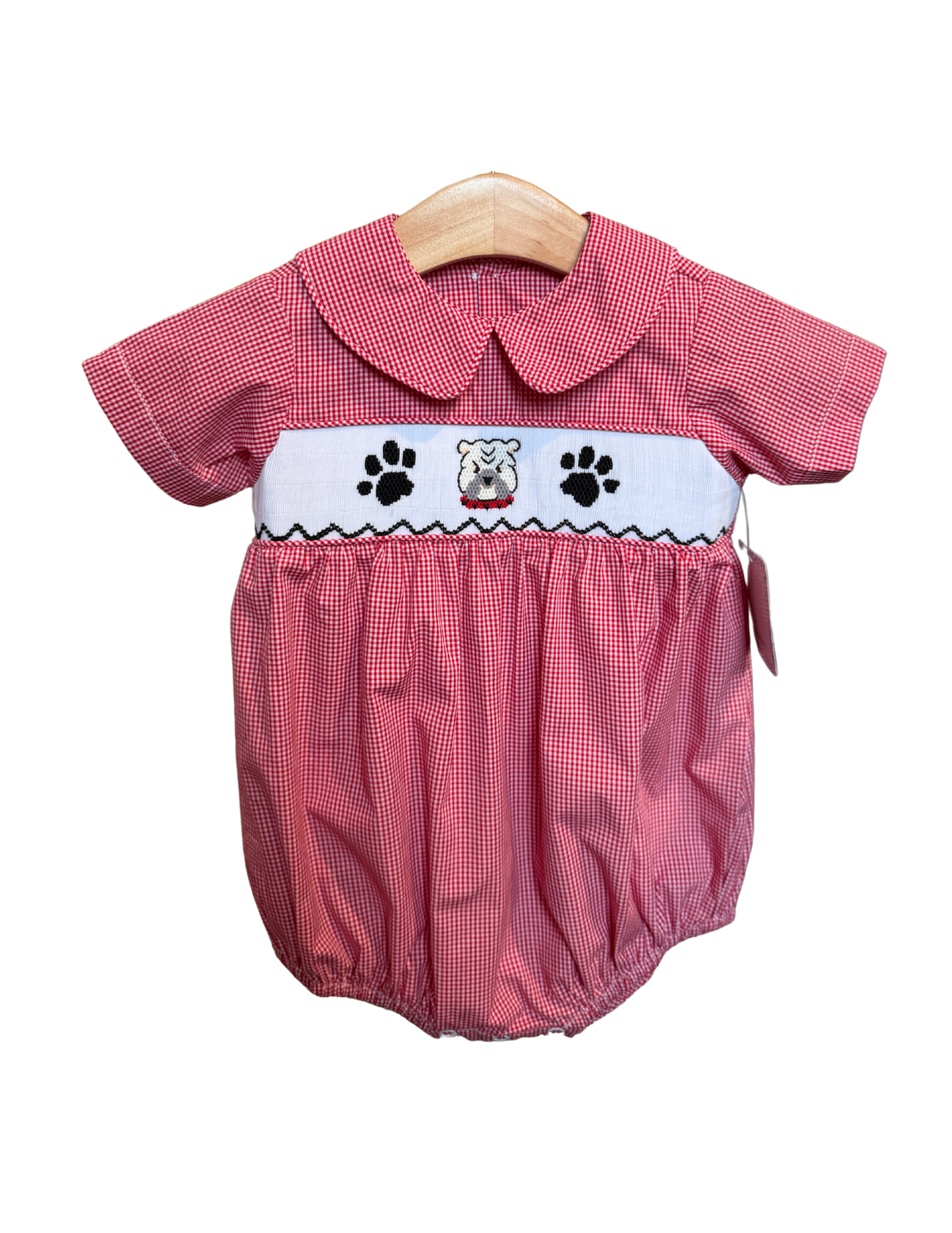Red and White Mini Gingham Smocked Bulldog Bubble