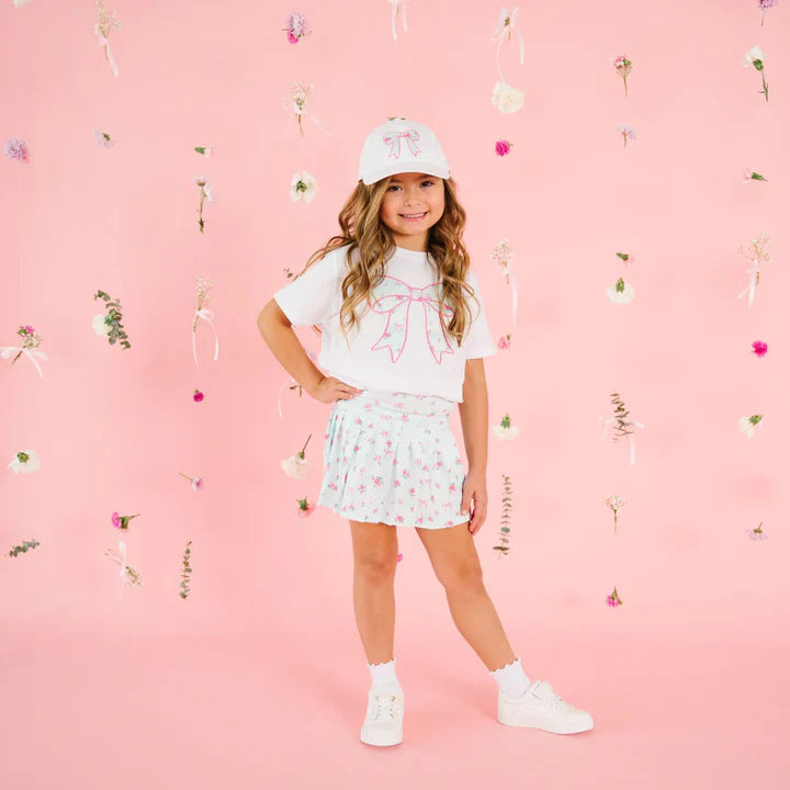 White Sky Blue Floral Bow Patch Short Sleeve T-Shirt