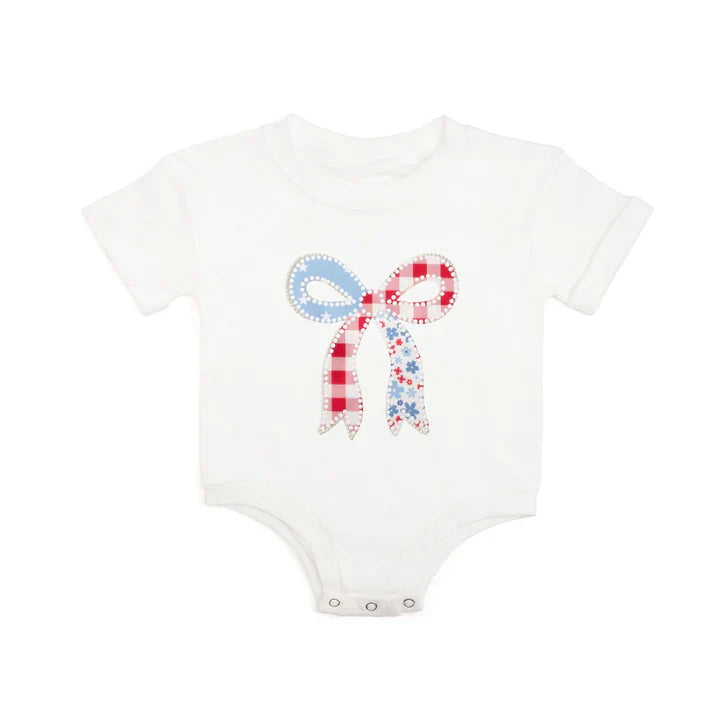 Patchwork Bow Patch Short Sleeve Romper - White