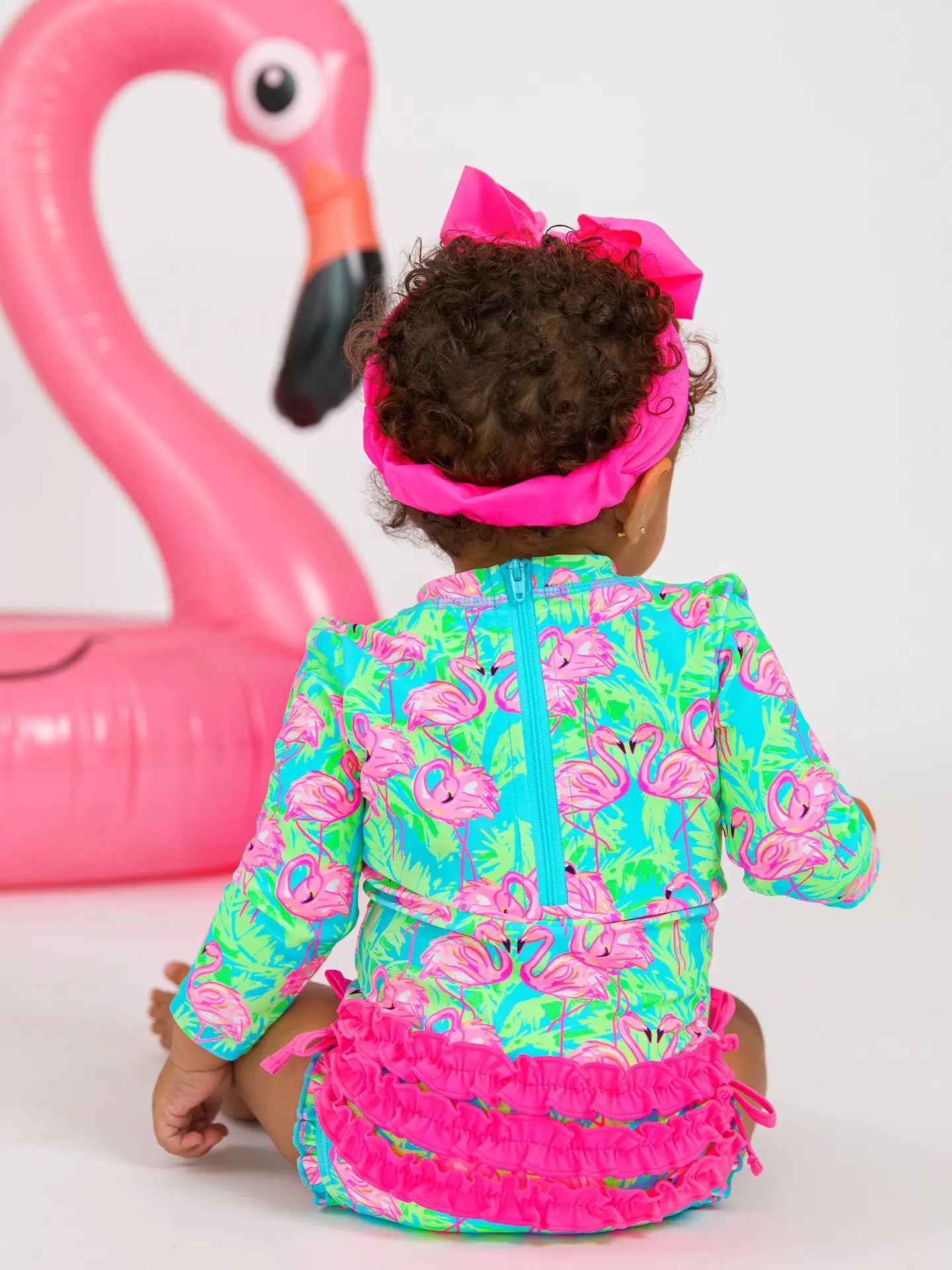 Neon Flamingo Fun Long Sleeve One Piece Rash Guard Swimsuit