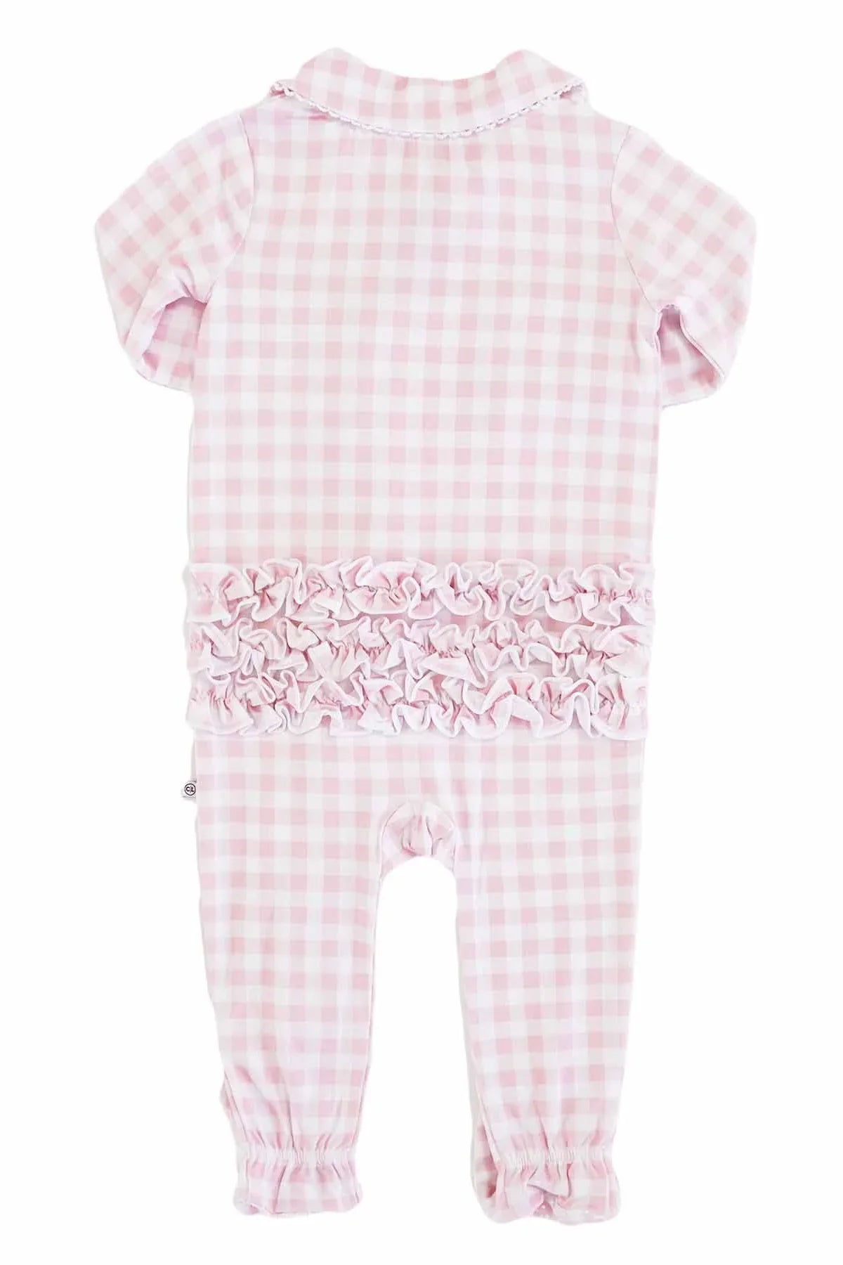 Rosy Gingham Peter Pan Collar Ruffle Zipper Footie