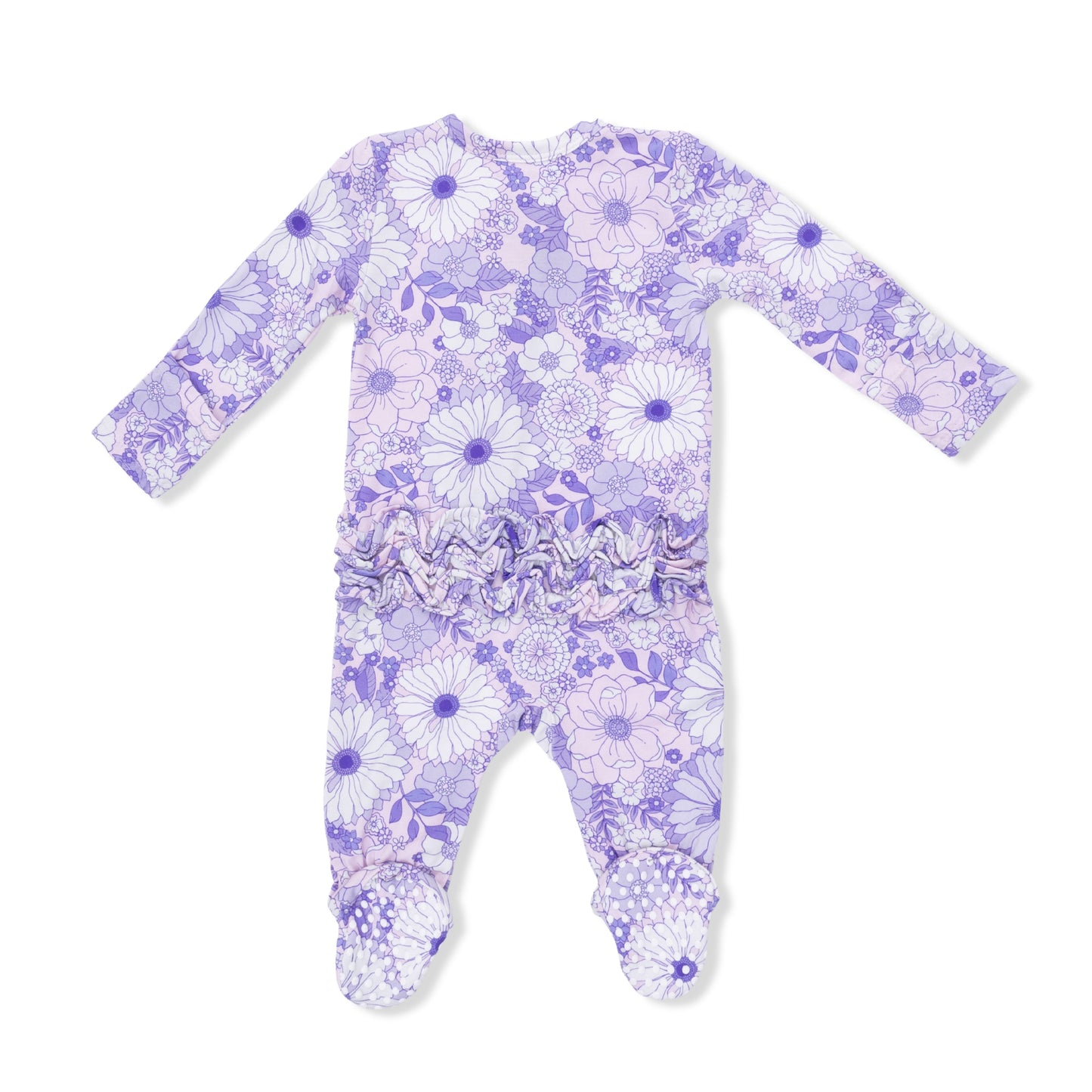 Lacy Lavender Floral 2 Way Ruffle Back Zipper Footie