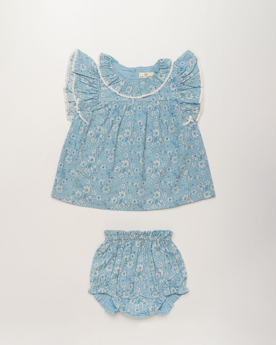 Blue Floral Baby Dress & Bloomer