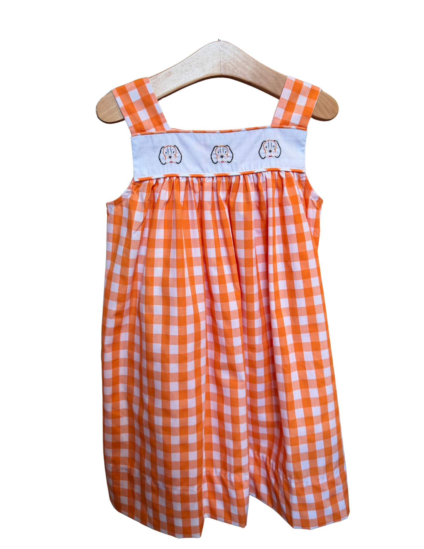 Orange and White Gingham Embroidered Smokey Face Dress