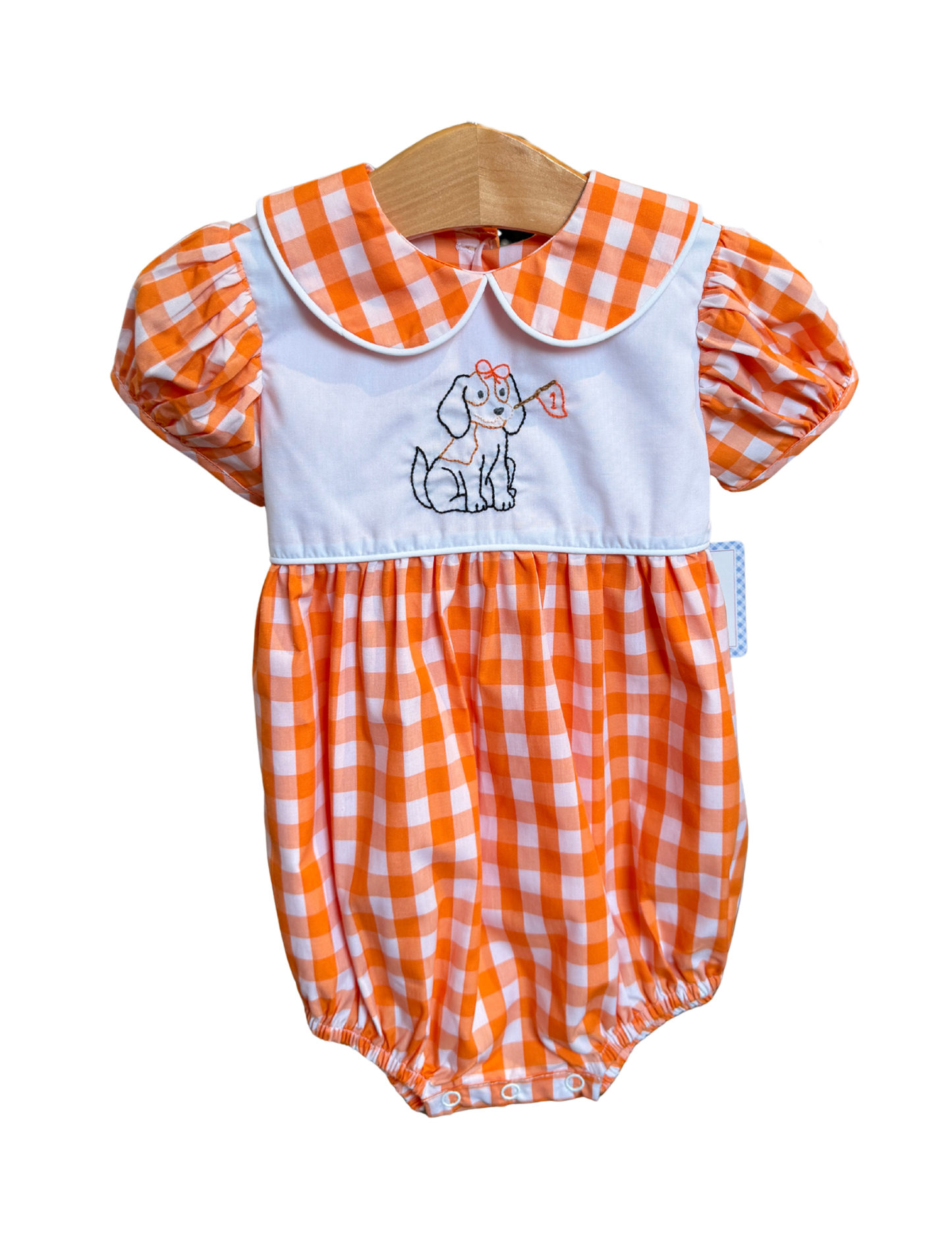 Orange and White Gingham Smokey Girl Embroidered Bubble