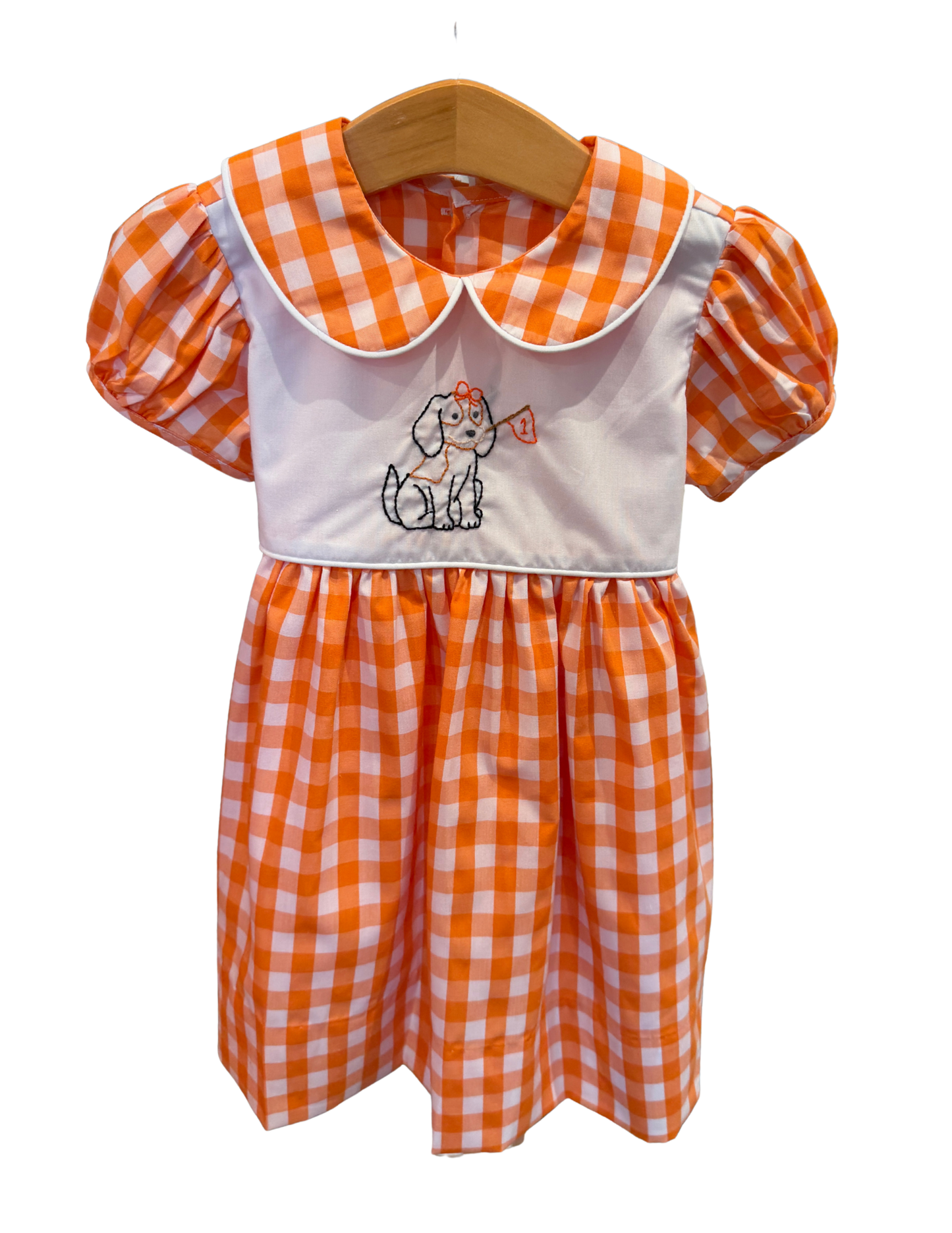 Orange and White Gingham Smokey Girl Embroidered Dress
