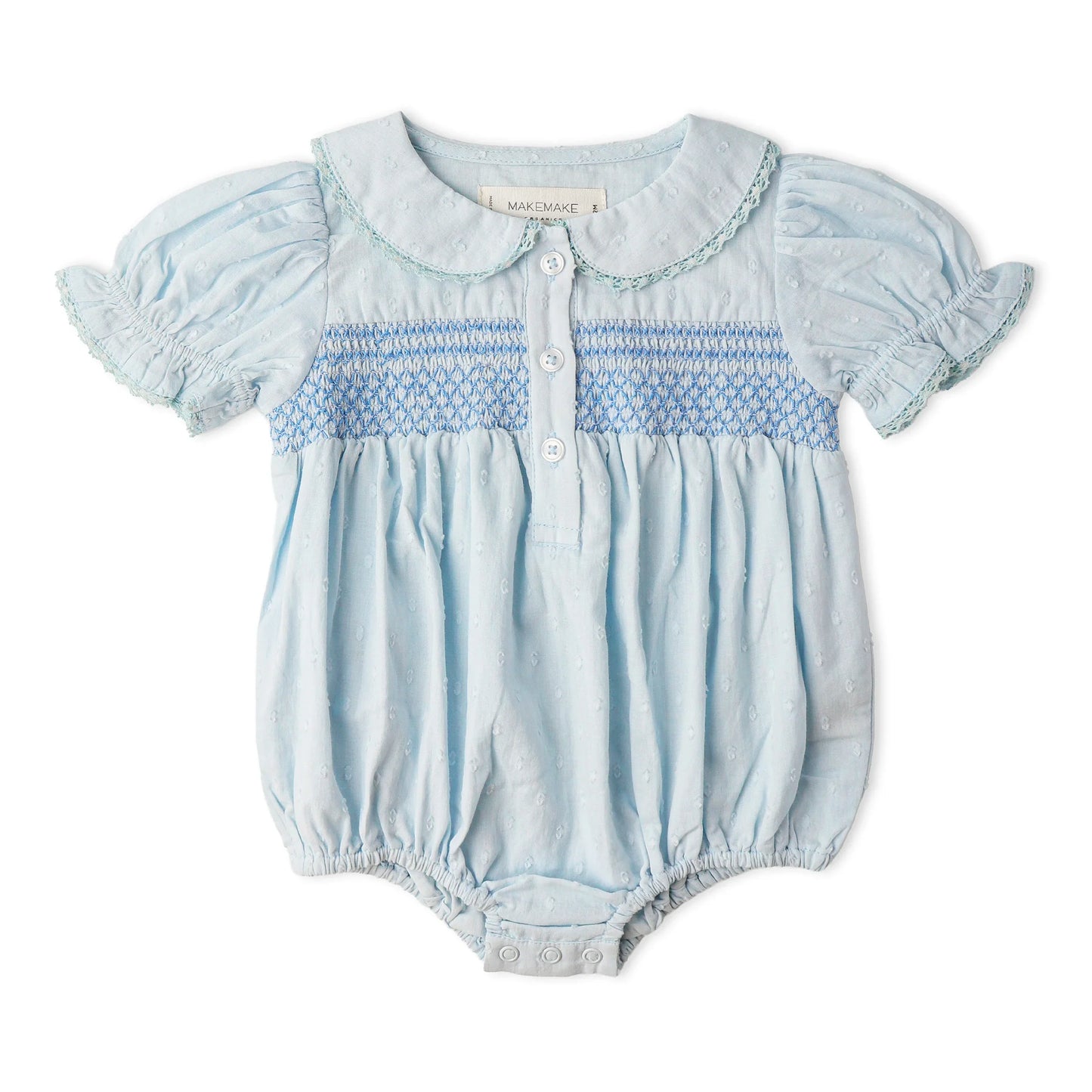 Light Blue Organic Smocked Button Romper
