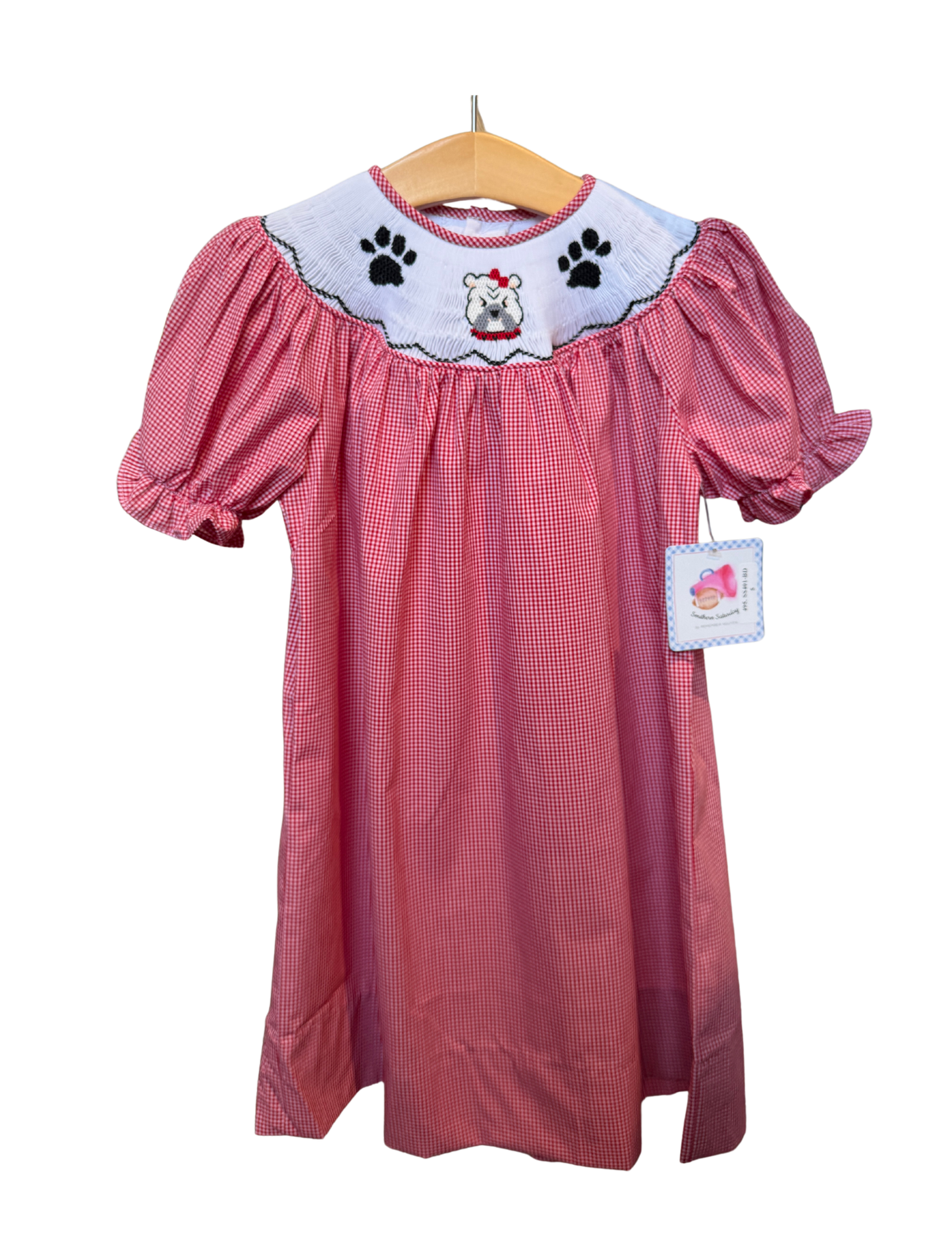 Red and White Mini Gingham Smocked Bulldog Bishop Dress
