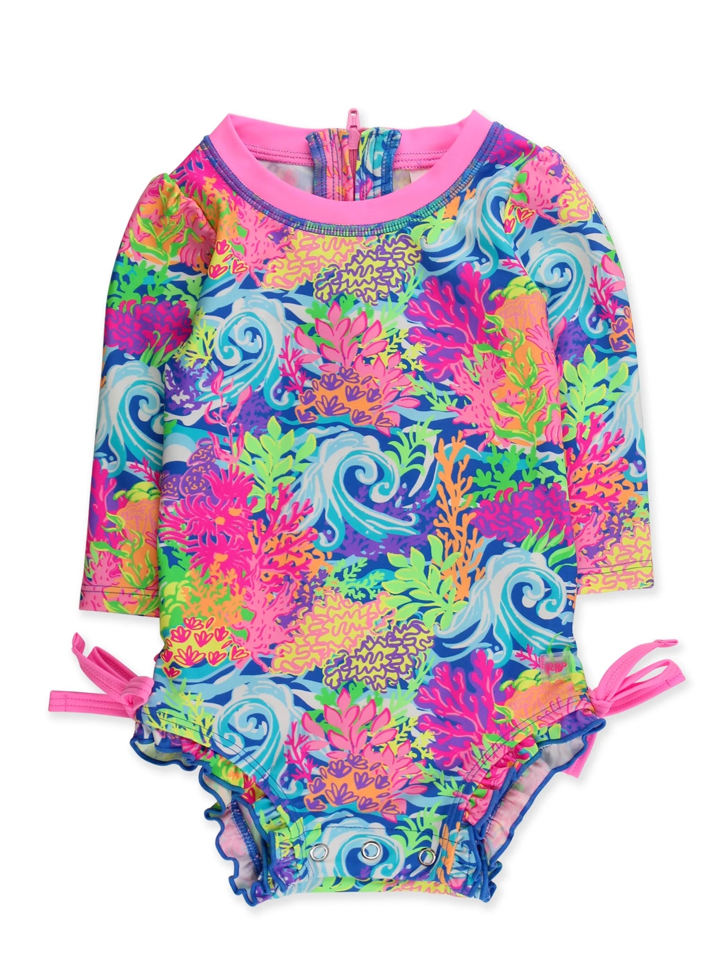 Neon Ocean Coral Long Sleeve One Piece Rash Guard Swimsuit