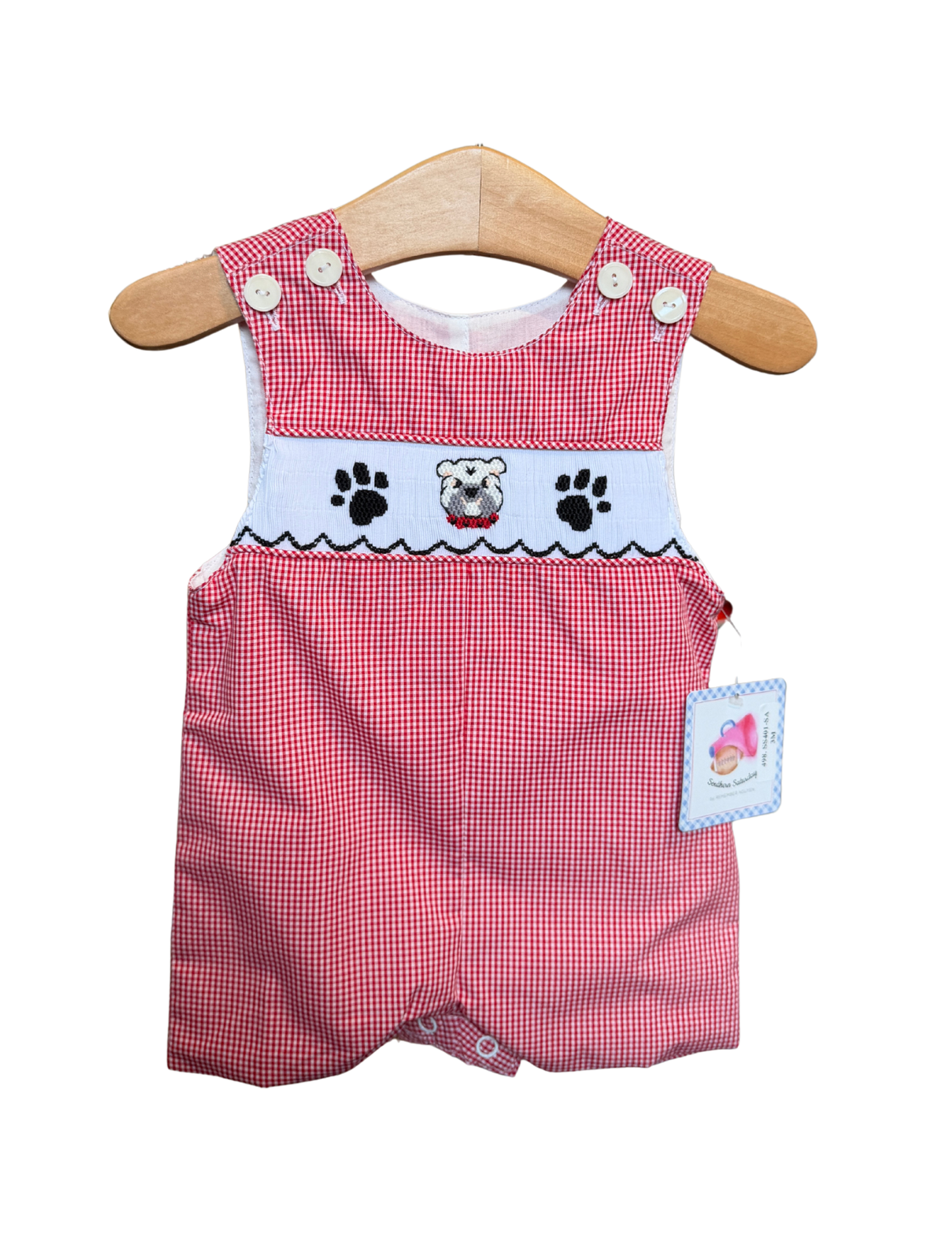 Red and White Mini Gingham Smocked Bulldog Shortall