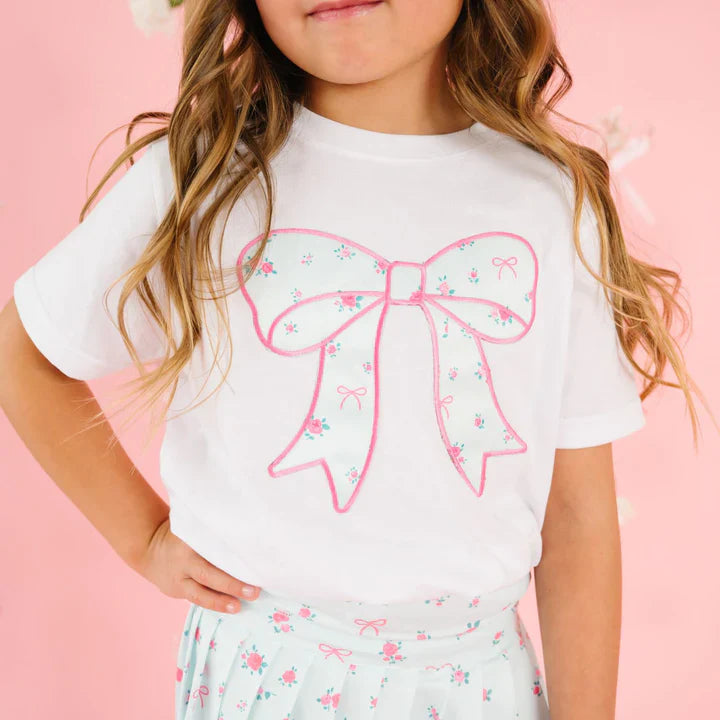 White Sky Blue Floral Bow Patch Short Sleeve T-Shirt