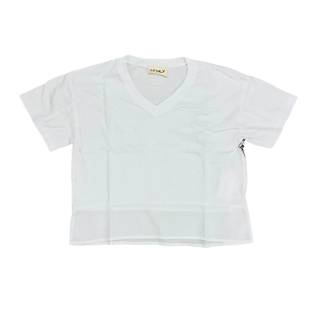 White Cotton Jersey Boxy V Neck Hem Tee