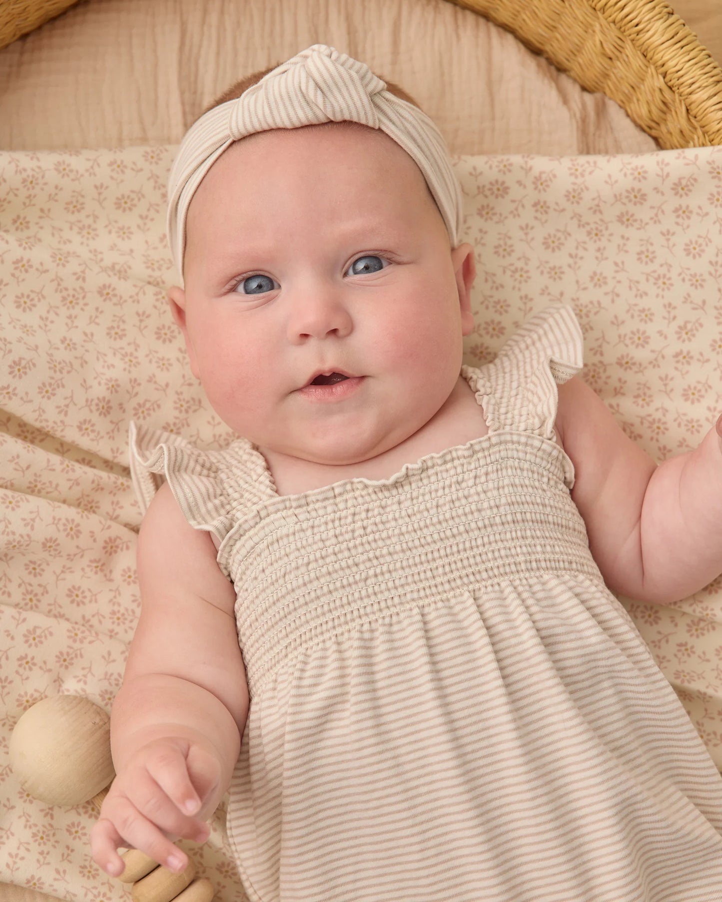 Oat Micro Stripe Smocked Ruffle Sleeve Romper