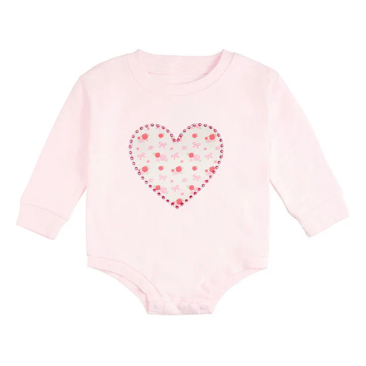 Dainty Rose Pearl Heart Patch Long Sleeve Romper - Ballet
