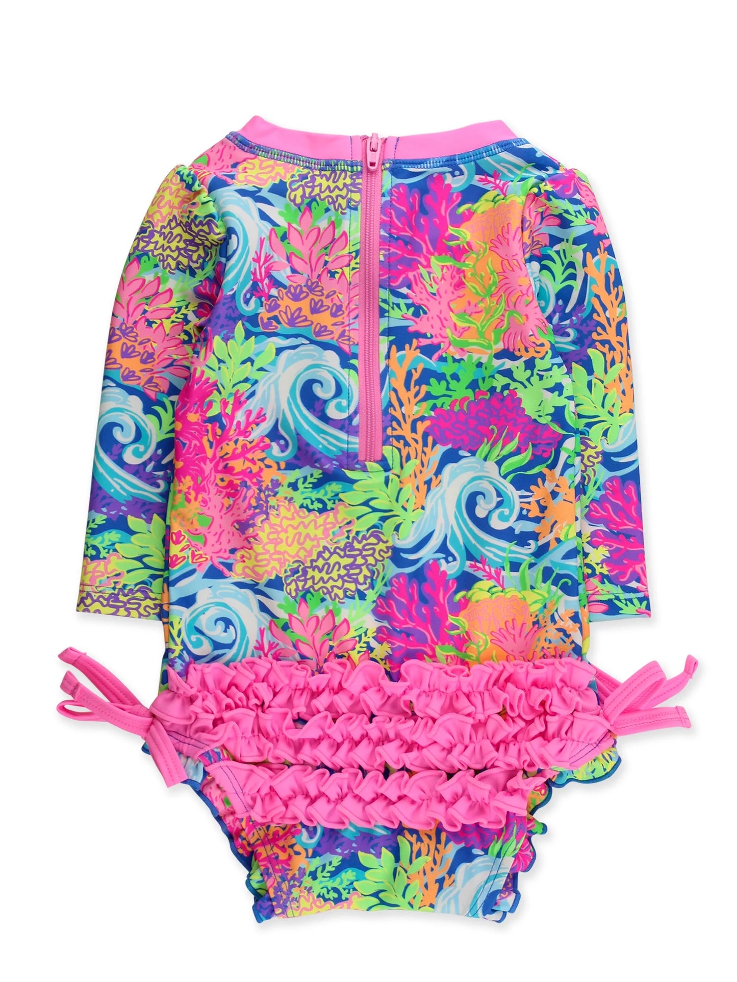 Neon Ocean Coral Long Sleeve One Piece Rash Guard Swimsuit