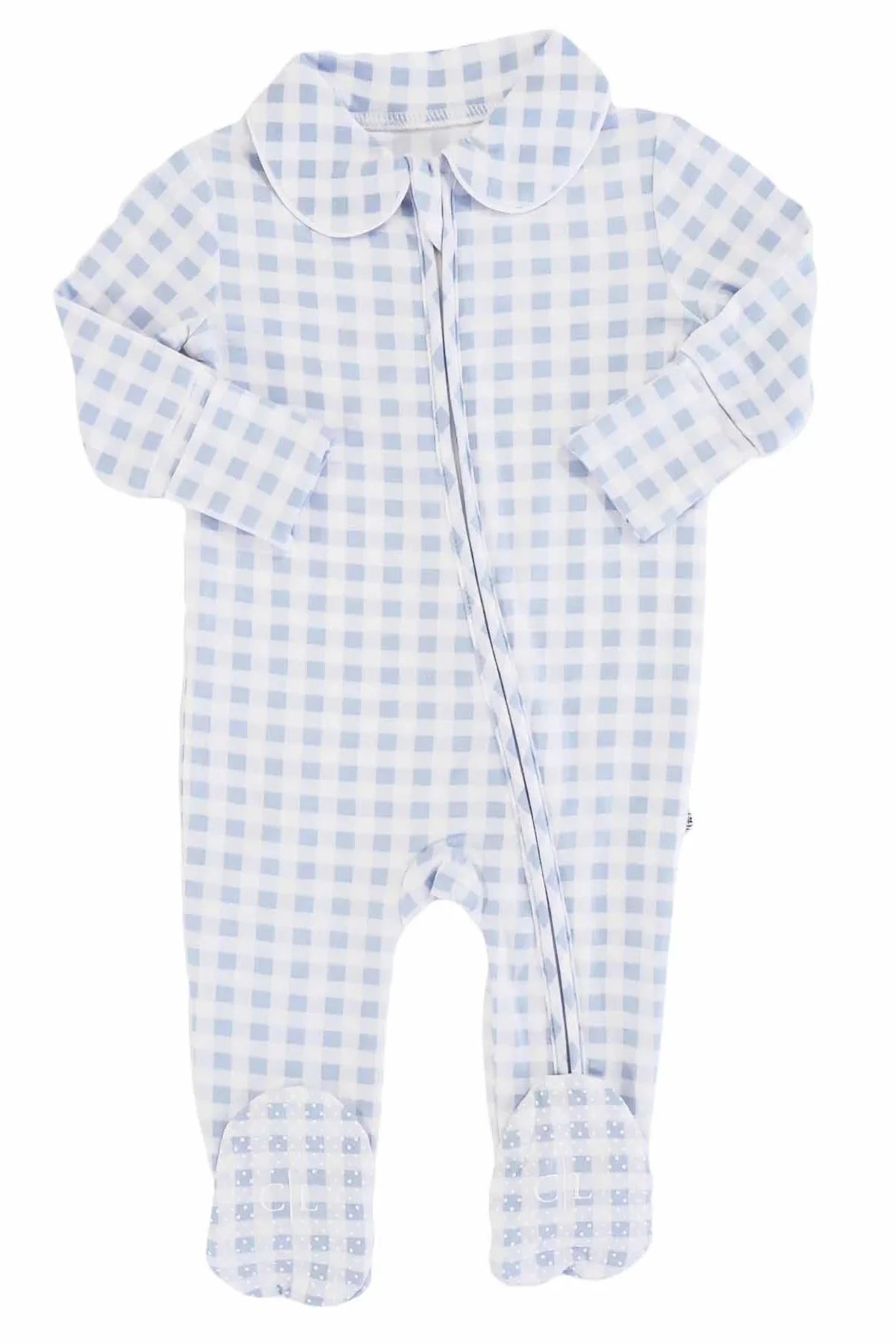 Dusty Blue Gingham Peter Pan Collar Zipper Footie