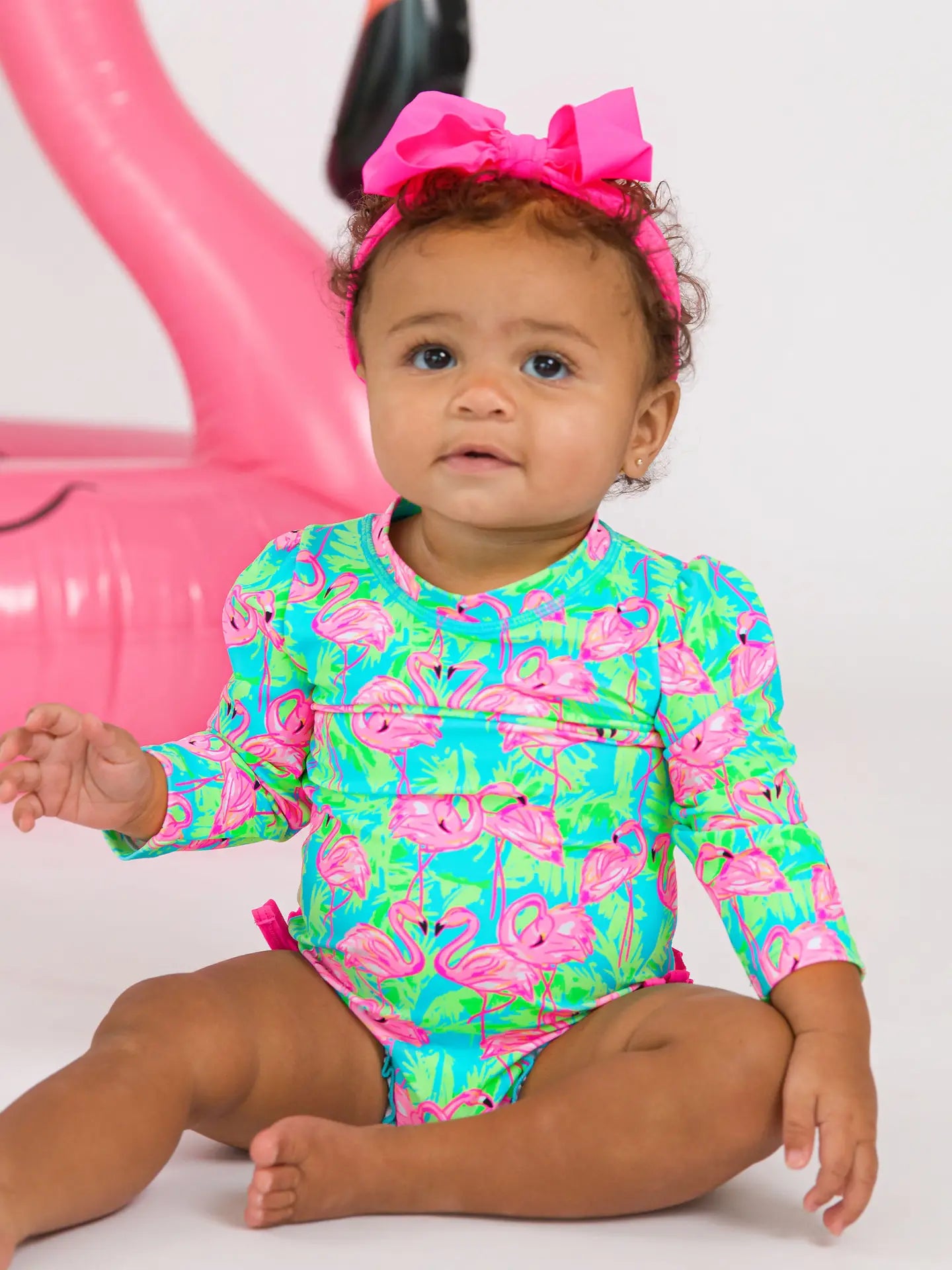 Neon Flamingo Fun Long Sleeve One Piece Rash Guard Swimsuit