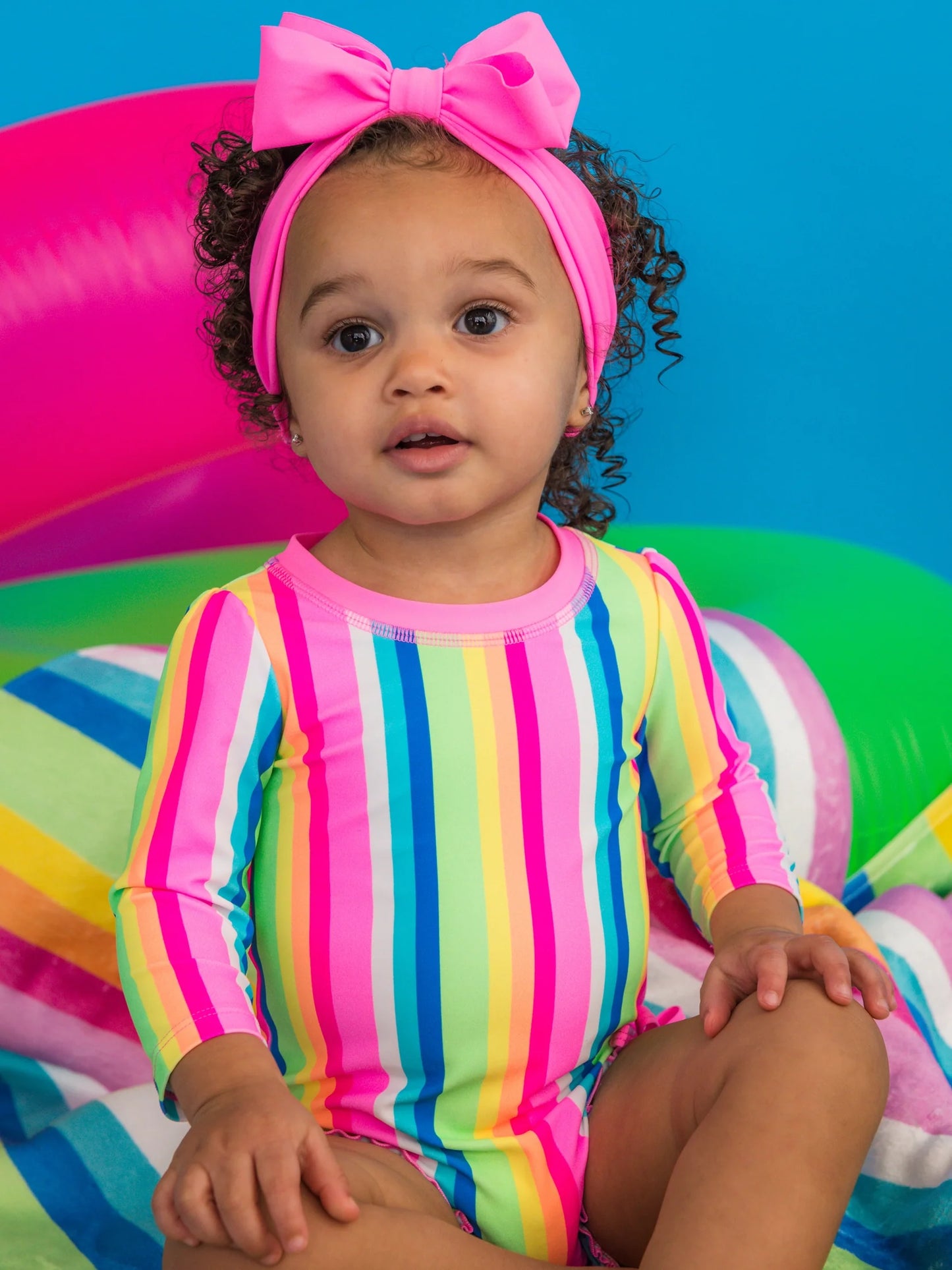 Neon Rainbow Stripe Long Sleeve One Piece Rash Guard Swimsuit