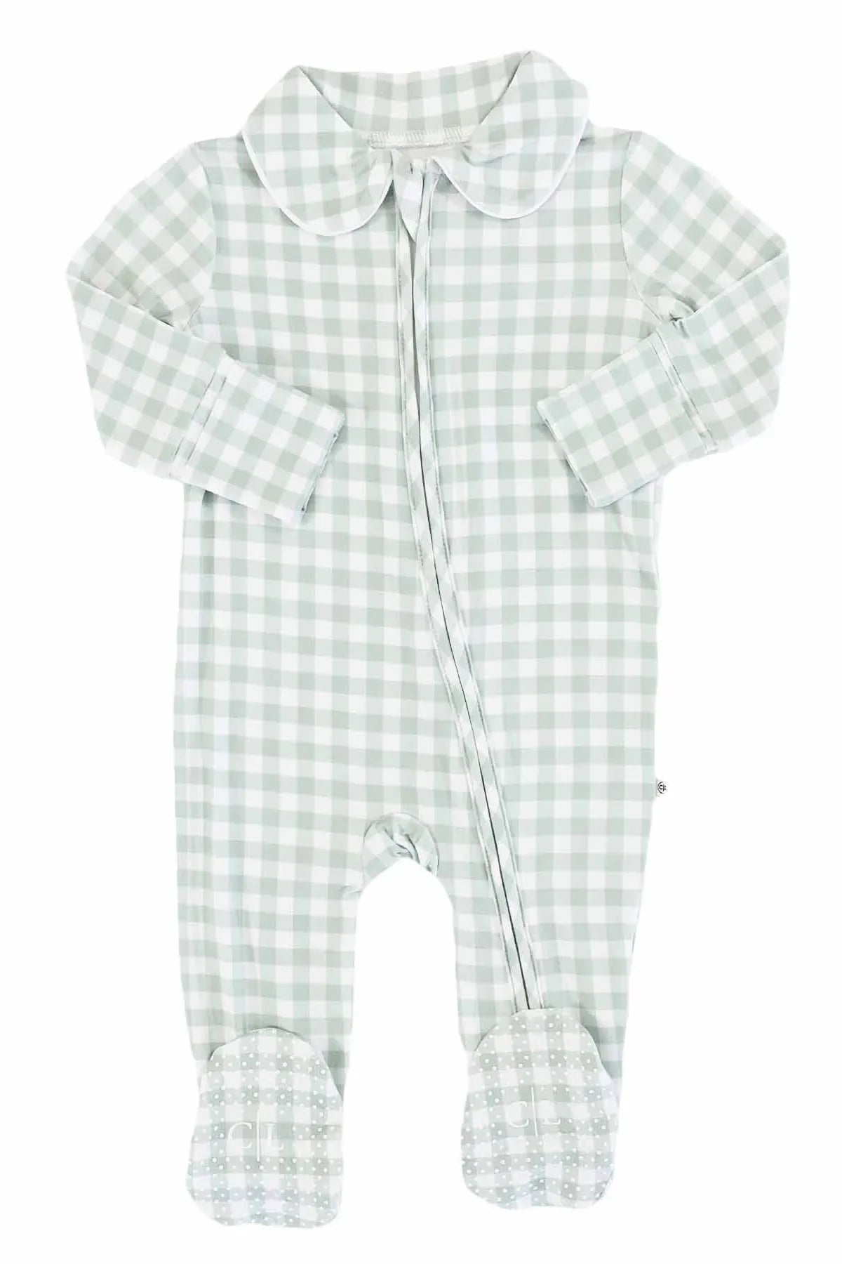 Moss Gingham Peter Pan Collar Zipper Footie
