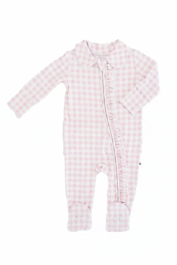 Rosy Gingham Peter Pan Collar Ruffle Zipper Footie