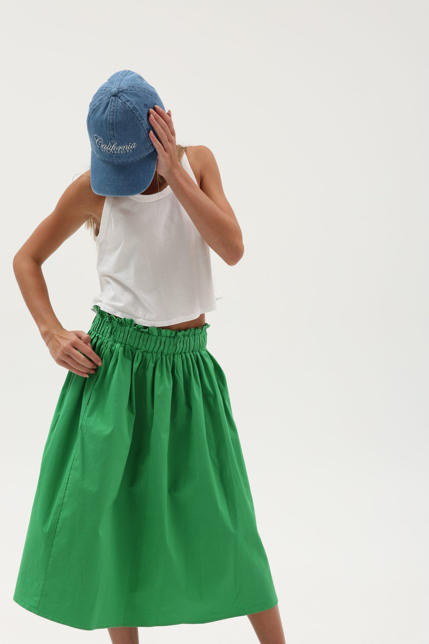 Seaweed Poplin Pintuck Waist Pocket Midi Skirt